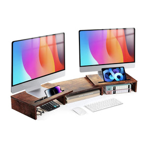Dual Monitor Stand Riser, Adjustable Length and Angle - Brown