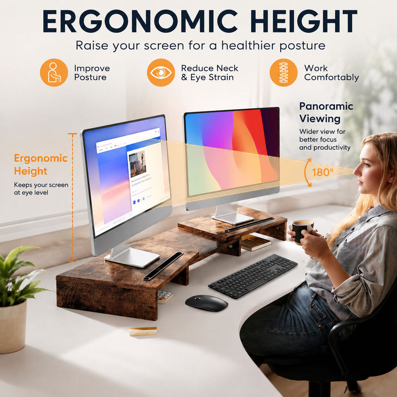 Dual Monitor Stand Riser, Adjustable Length and Angle - Brown