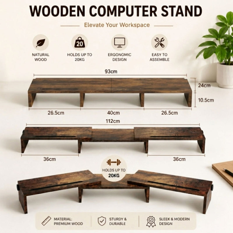 Dual Monitor Stand Riser, Adjustable Length and Angle - Brown