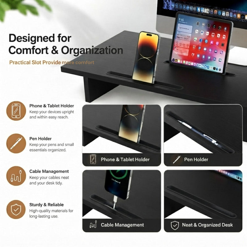 Dual Monitor Stand Riser, Adjustable Length and Angle - Black - detail view