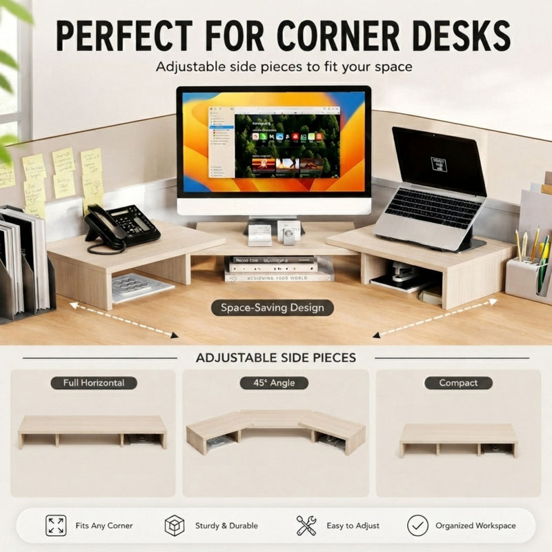Dual Monitor Stand Riser, Adjustable Length and Angle - Beige, Light Brown - additional product view