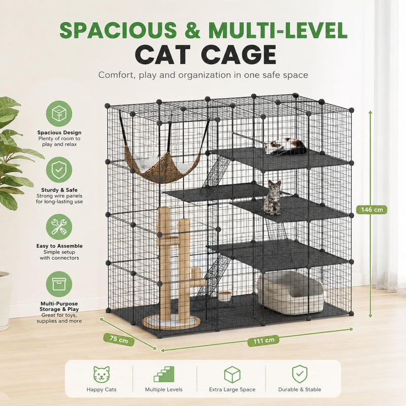 4 Tier Pet Playpen Large Cat Cage Diy Enclosure, Black - detail view