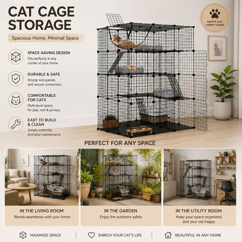4 Tier Pet Playpen Large Cat Cage Diy Enclosure, Black - size and scale view