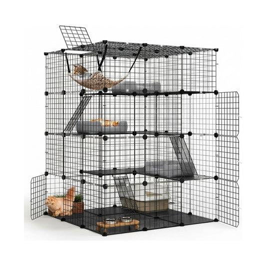4 Tier Pet Playpen Large Cat Cage DIY Enclosure, Black - main product image