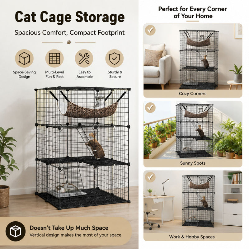 3 Tier Pet Playpen Large Cat Cage Diy Enclosure, Black - size and scale view