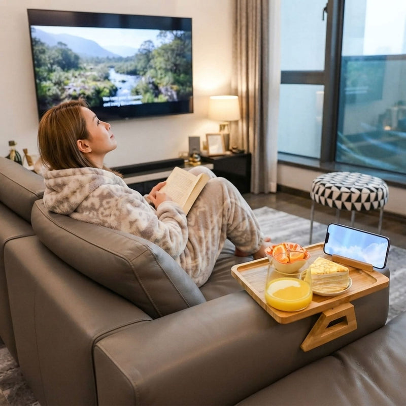 Bamboo Sofa Arm Tray with Rotating Phone Holder, Natural - additional product view