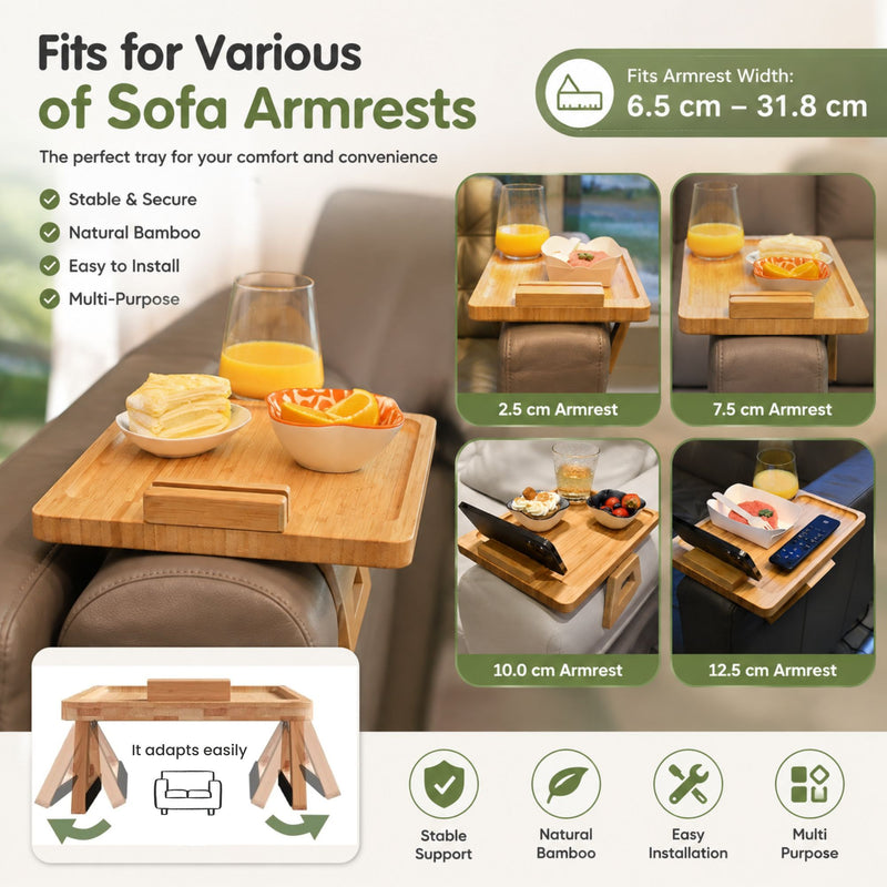 Bamboo Sofa Arm Tray with Rotating Phone Holder