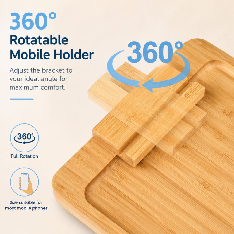 Bamboo Sofa Arm Tray with Rotating Phone Holder