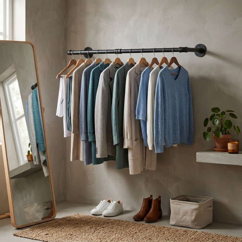 Industrial Pipe Wall Mounted Clothes Rack for Storage, Black - alternate angle