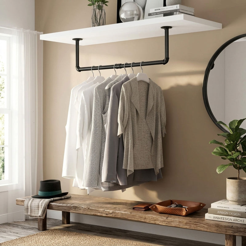 Industrial Pipe Wall Mounted Clothes Rack for Storage, Black - additional product view