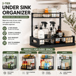 2 Tier Under Sink Organiser, Adjustable Height, Sliding Drawer in Black - detail view