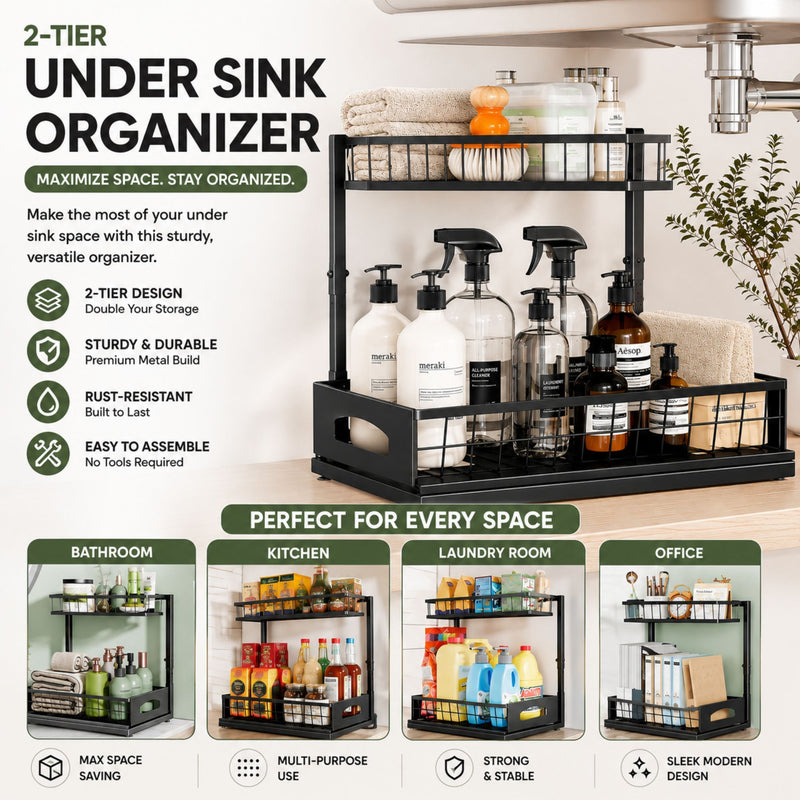 2 Tier Under Sink Organiser, Adjustable Height, Sliding Drawer in Black - detail view