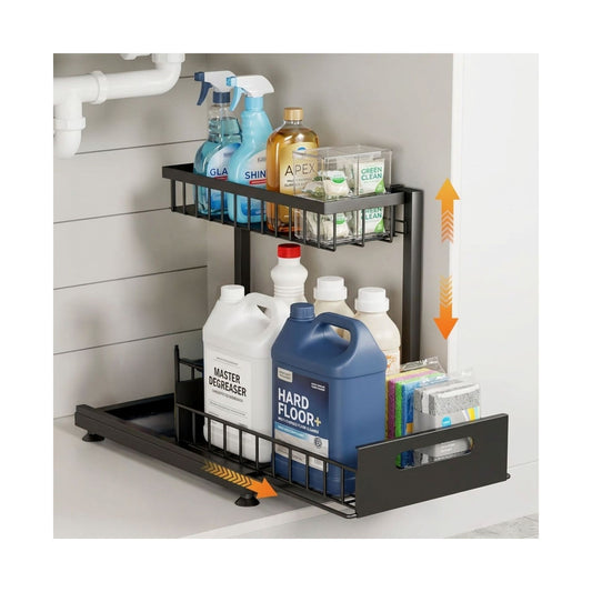 2 Tier Under Sink Organiser, Adjustable Height, Sliding Drawer in Black - main product image