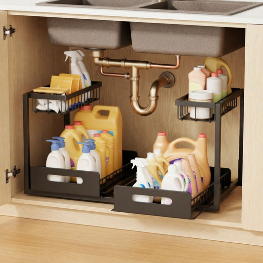 2-Pack Under Sink Organiser, Adjustable Height, 2 Tier Sliding Drawer in Black - alternate angle
