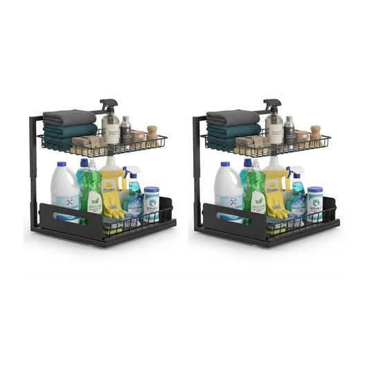 2-Pack Under Sink Organiser Adjustable Height Sliding Drawer