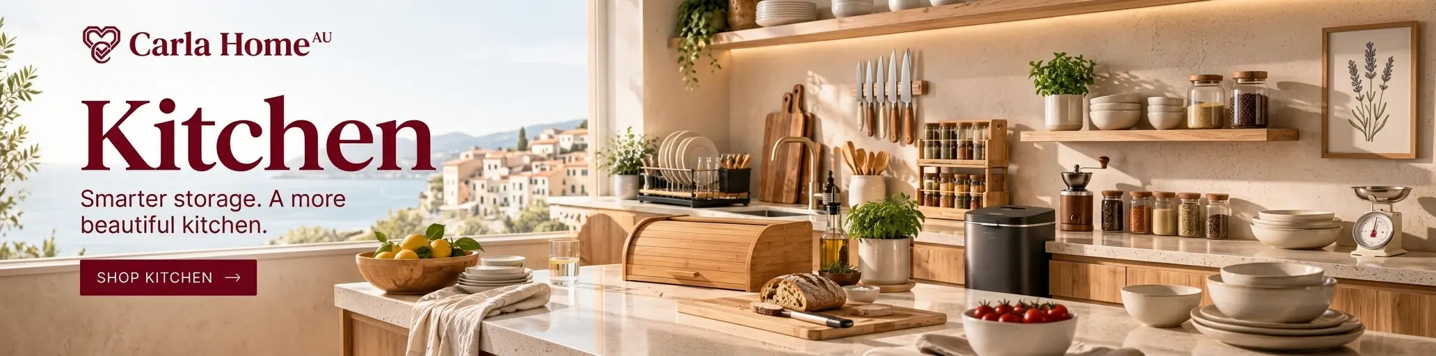 Carla Home kitchen storage and organization set in a bright, modern kitchen with wooden cabinets, spice jars, and a marble countertop.