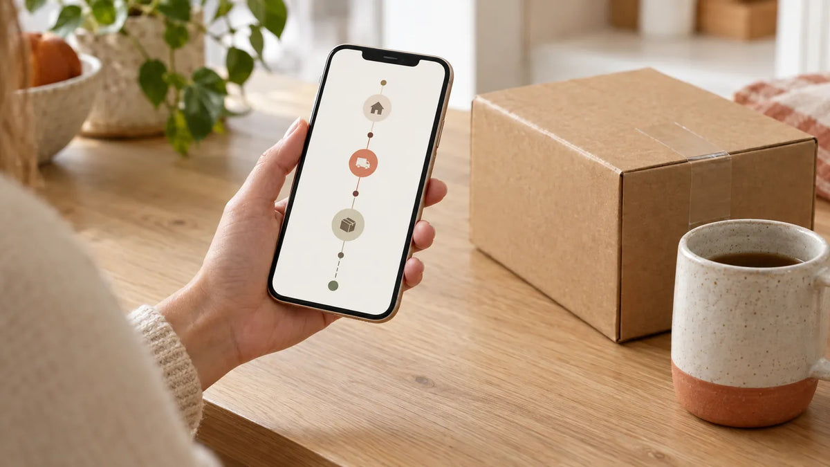 Checking a parcel's tracking timeline on a phone at the kitchen bench