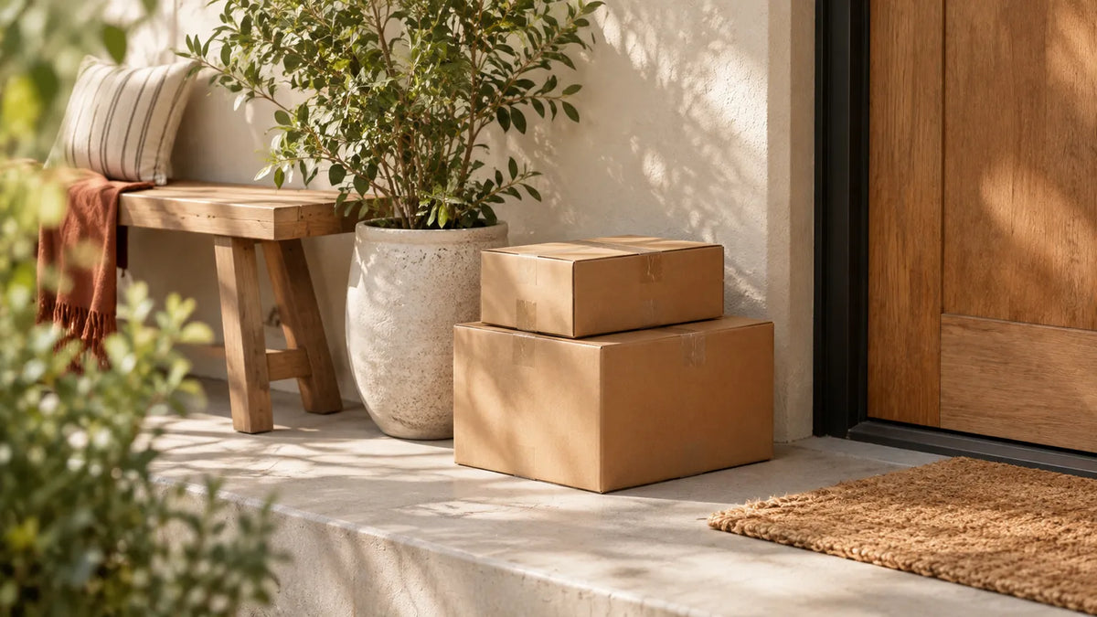Parcels left on the sheltered front step of a townhouse