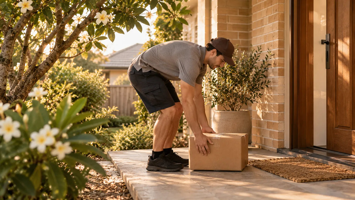 Picking up a parcel from a sheltered front porch