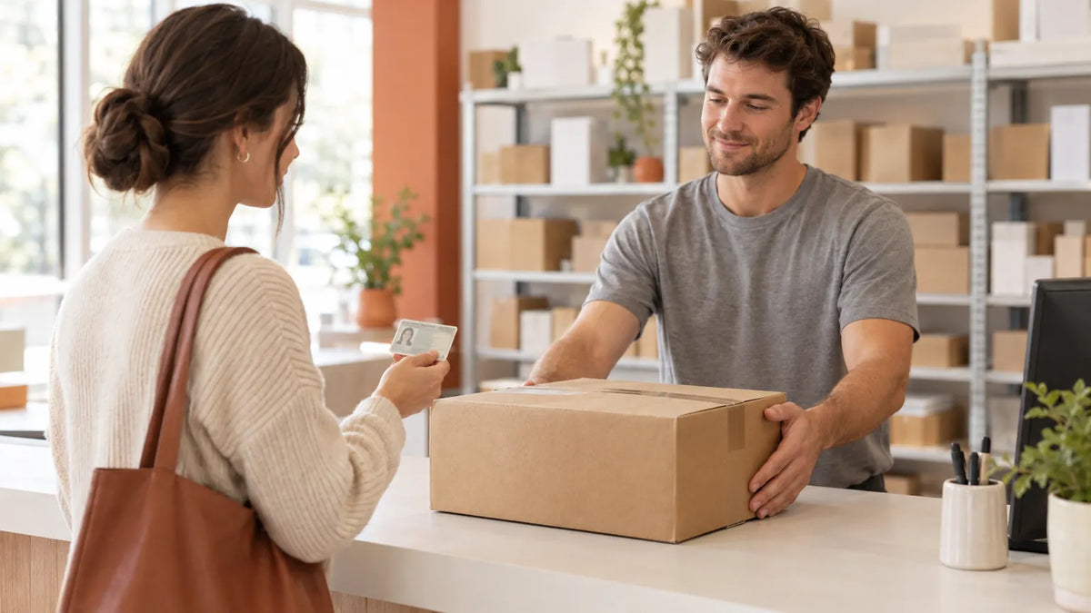 Showing photo ID to collect a parcel from a depot counter
