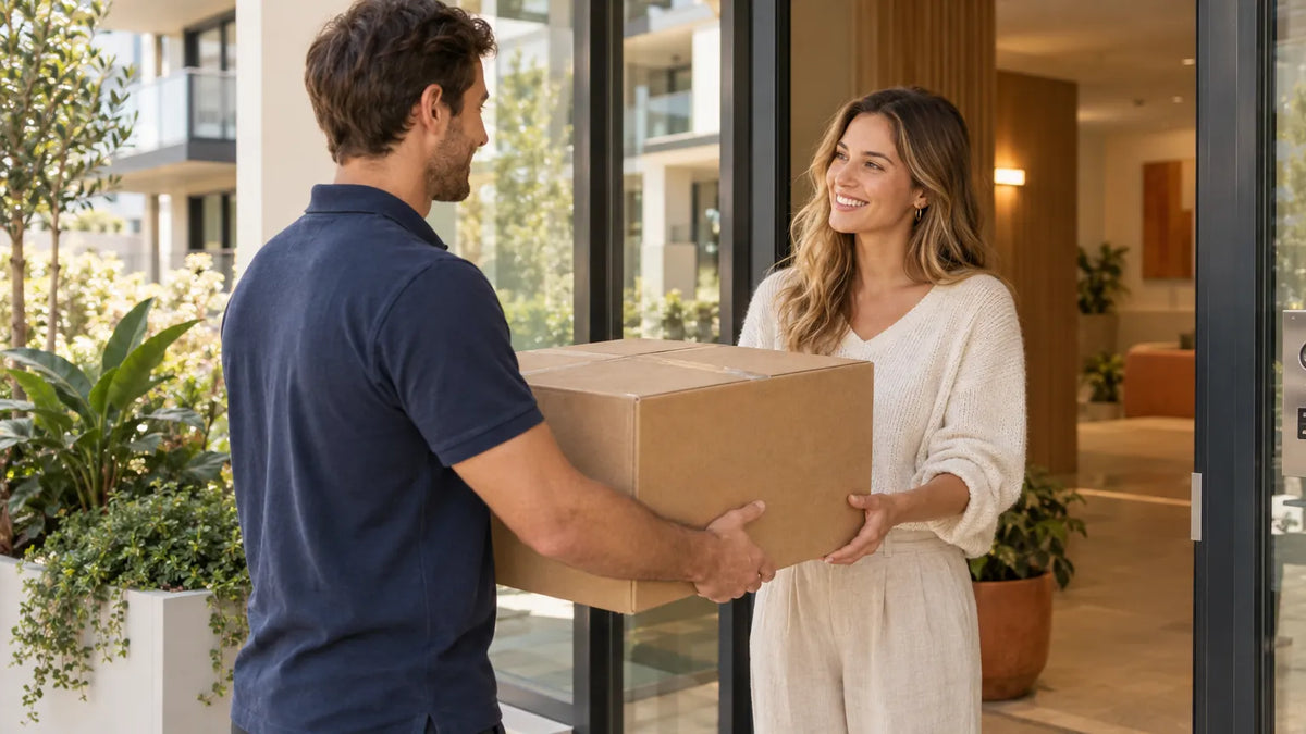 A courier handing a large parcel to a customer at an apartment entrance