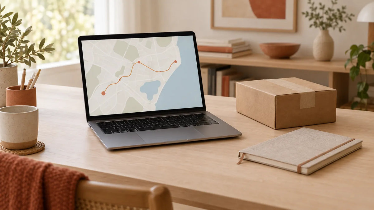 Tracking a consignment on a laptop with a parcel on the desk