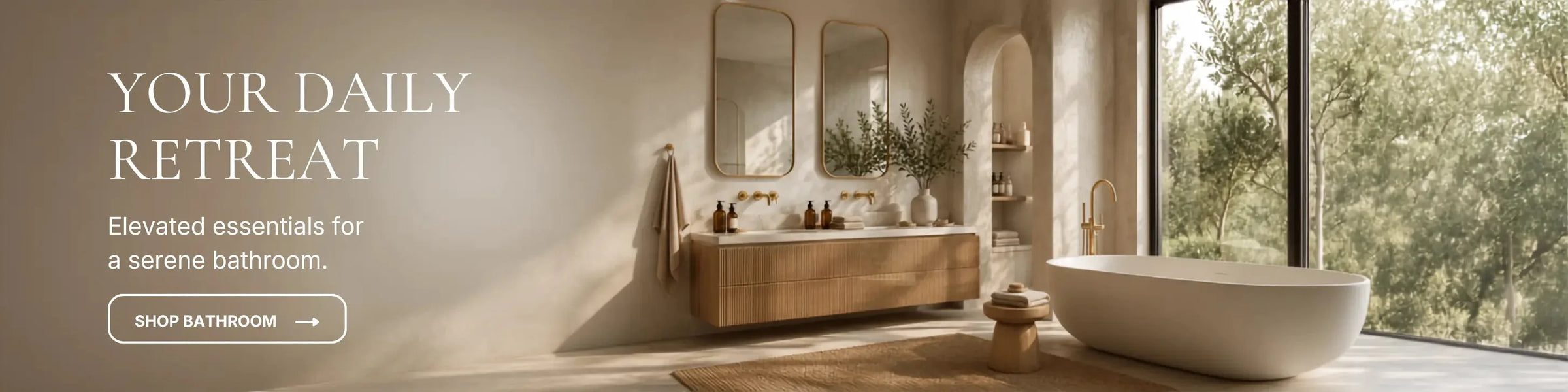 Modern serene bathroom featuring a fluted timber double vanity, freestanding bathtub, gold tapware, and leafy views.